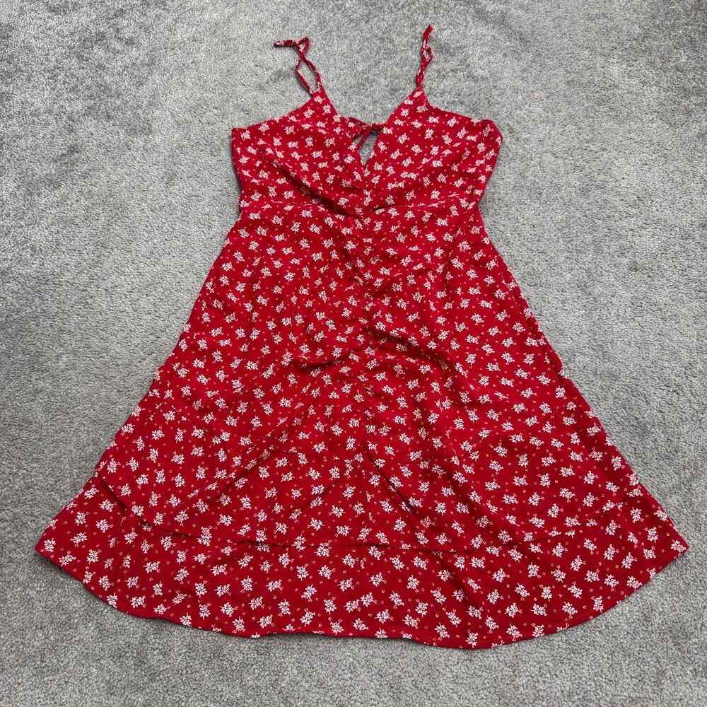 Lezat Ditsy Floral Tiered Sundress Womens Medium Red Ruched Front Cutout Back